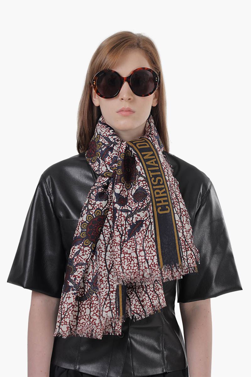 CHRISTIAN DIOR Wax Toile De Jouy Scarf in Bordeaux Multicolor with Logo 0