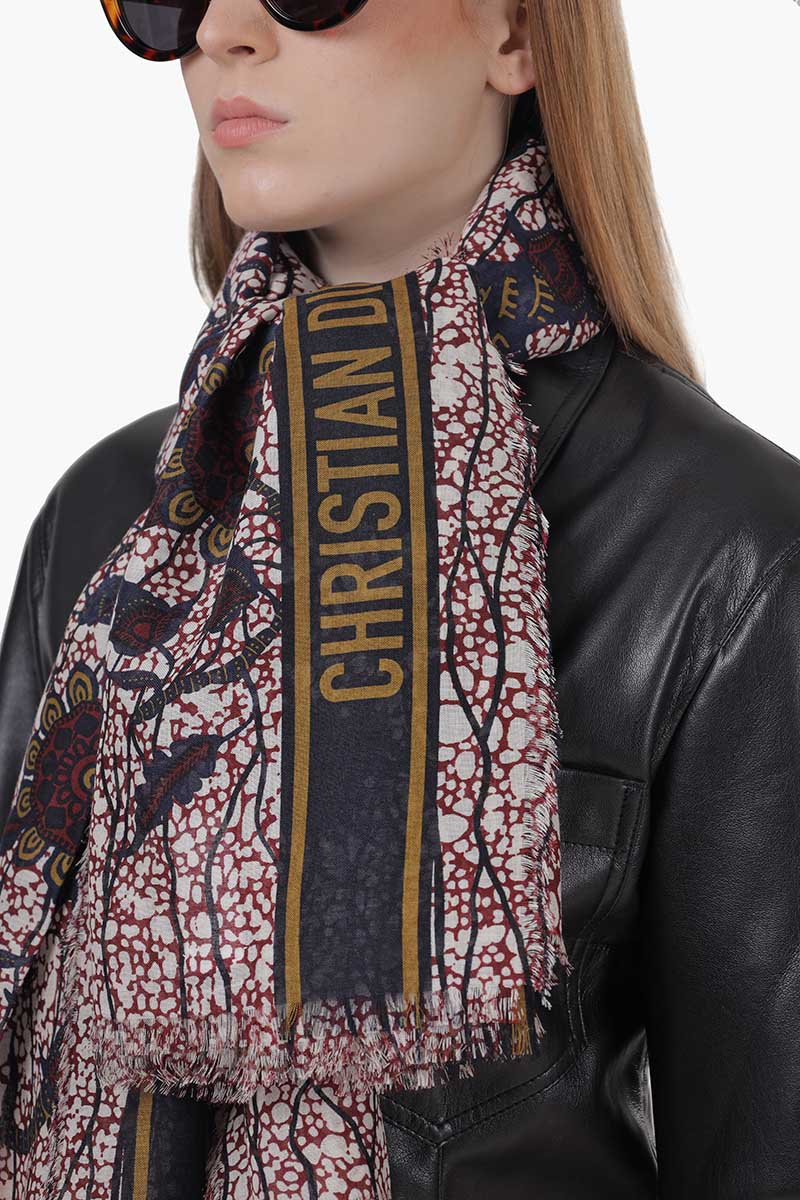 CHRISTIAN DIOR Wax Toile De Jouy Scarf in Bordeaux Multicolor with Logo 1