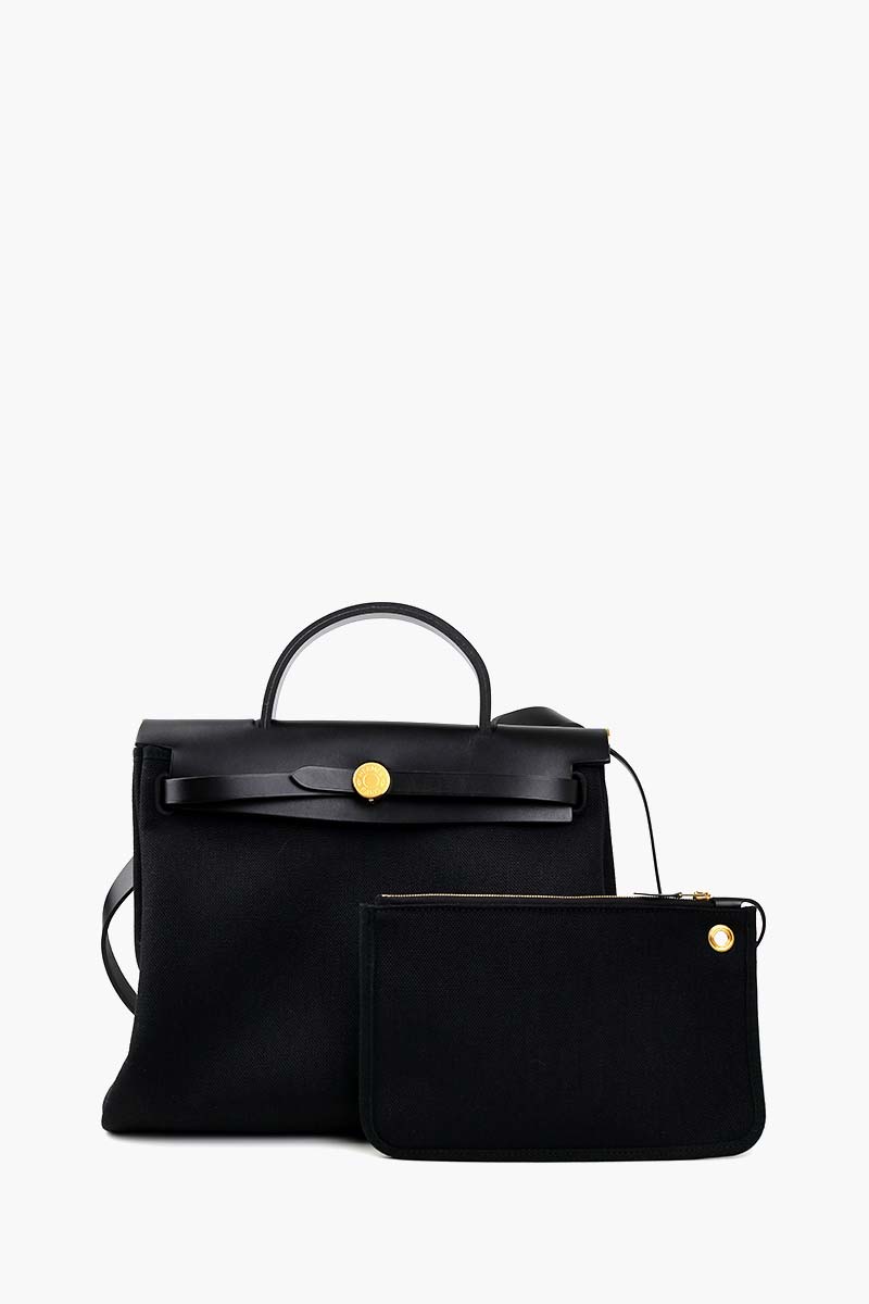 HERMÈS BNIB HB31 Herbag 31 Zip Noir Toile Militaire/Vache Hunter in Black Canvas and Hunter Cowhide GHW #W 0