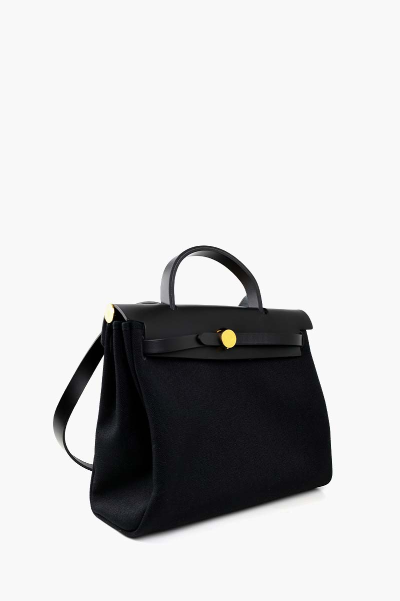 HERMÈS BNIB HB31 Herbag 31 Zip Noir Toile Militaire/Vache Hunter in Black Canvas and Hunter Cowhide GHW #W 1