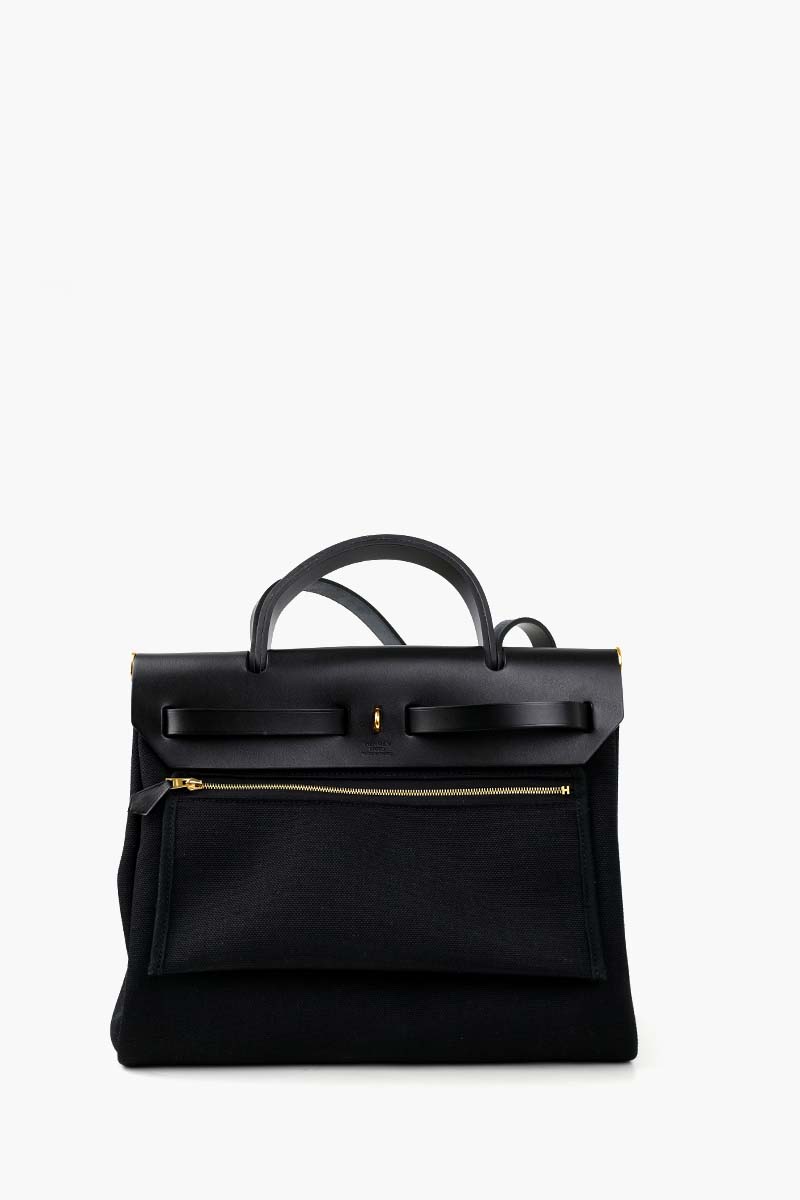 HERMÈS BNIB HB31 Herbag 31 Zip Noir Toile Militaire/Vache Hunter in Black Canvas and Hunter Cowhide GHW #W 2