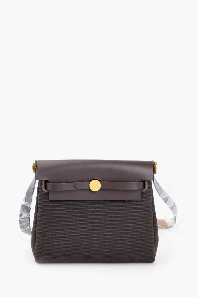 HERMÈS BNIB HB20 Herbag 20 Bag In Ebène/Ebène Miltaire Canvas And Hunter Cowhide GHW #W 0