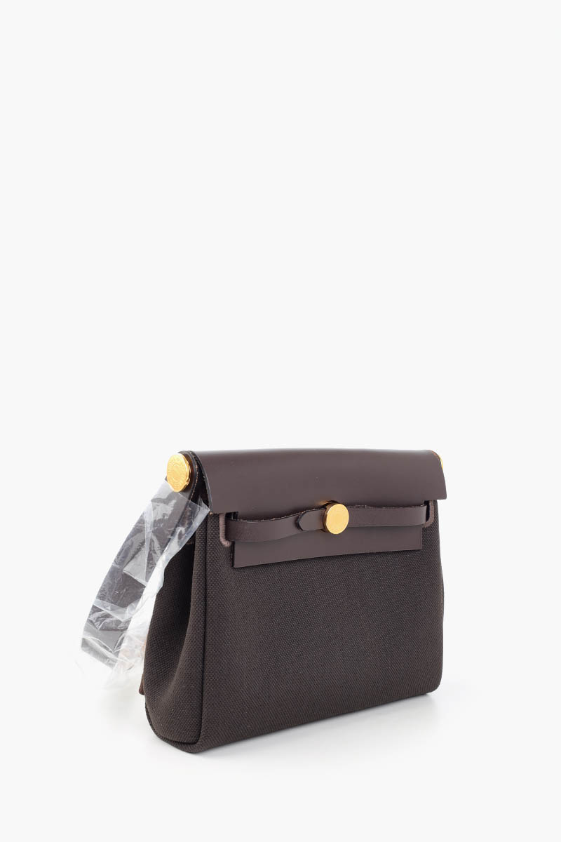 HERMÈS BNIB HB20 Herbag 20 Bag In Ebène/Ebène Miltaire Canvas And Hunter Cowhide GHW #W 1
