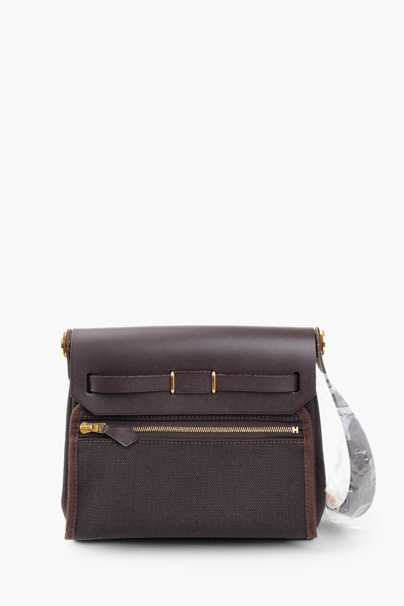 HERMÈS BNIB HB20 Herbag 20 Bag In Ebène/Ebène Miltaire Canvas And Hunter Cowhide GHW #W 2