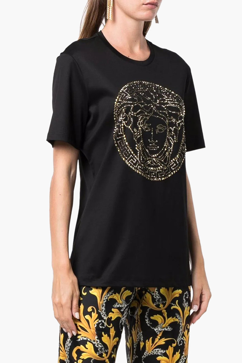 VERSACE Women Medusa Head Crystal-Embellished T-Shirt in Black/Gold 4