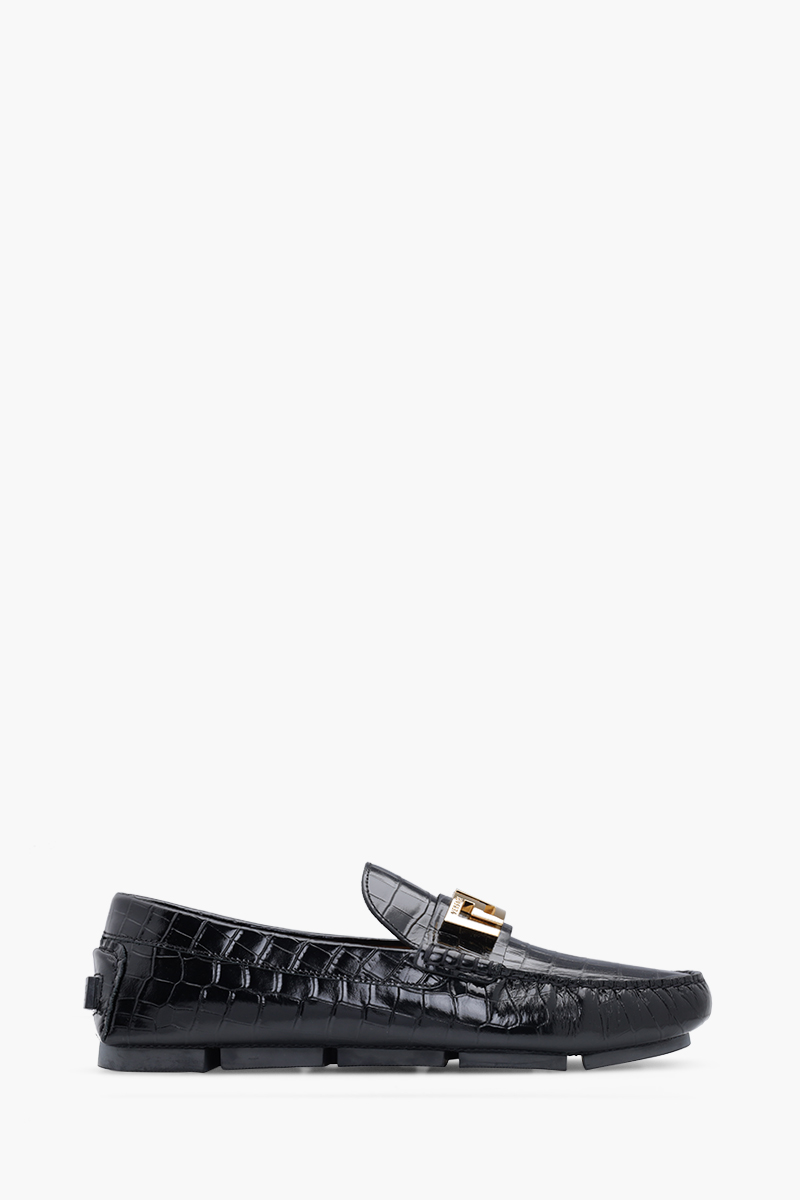 VERSACE Men La Greca Driver Loafers in Black Croco-Embossed GHW 0