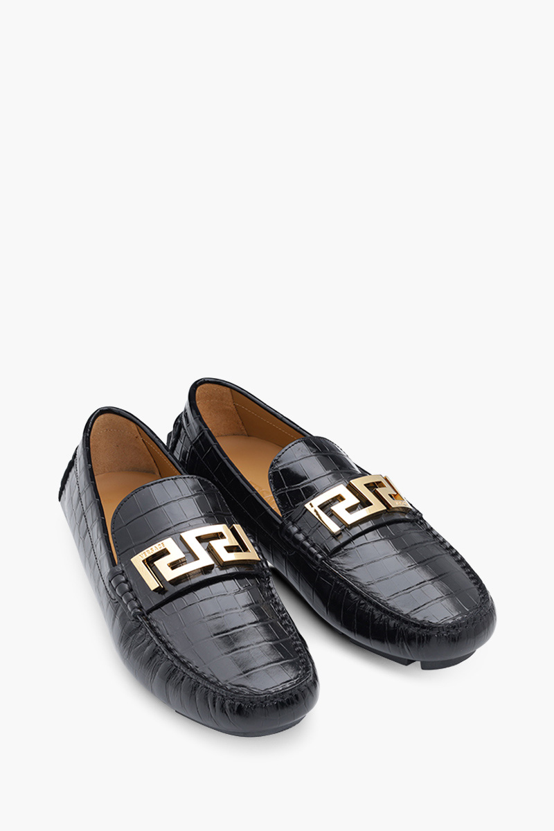 VERSACE Men La Greca Driver Loafers in Black Croco-Embossed GHW 1