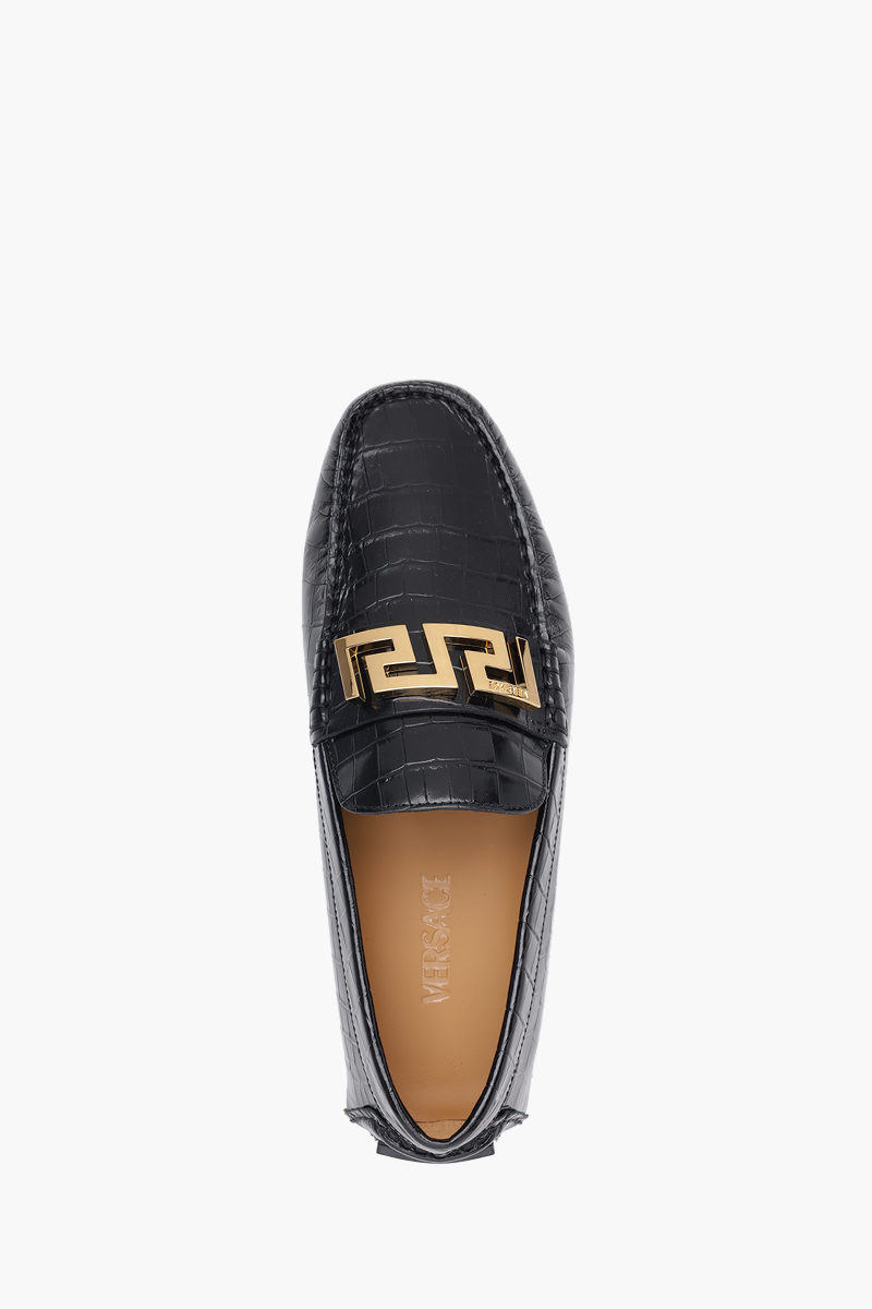 VERSACE Men La Greca Driver Loafers in Black Croco-Embossed GHW 3