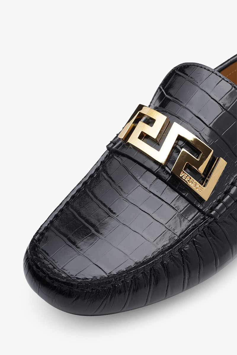 VERSACE Men La Greca Driver Loafers in Black Croco-Embossed GHW 4