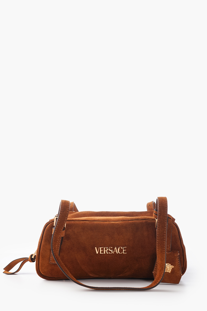 VERSACE Tag Bowling Shoulder Bag in Brown Suede with Metallic Lettering Logo Medusa and Pendant 0