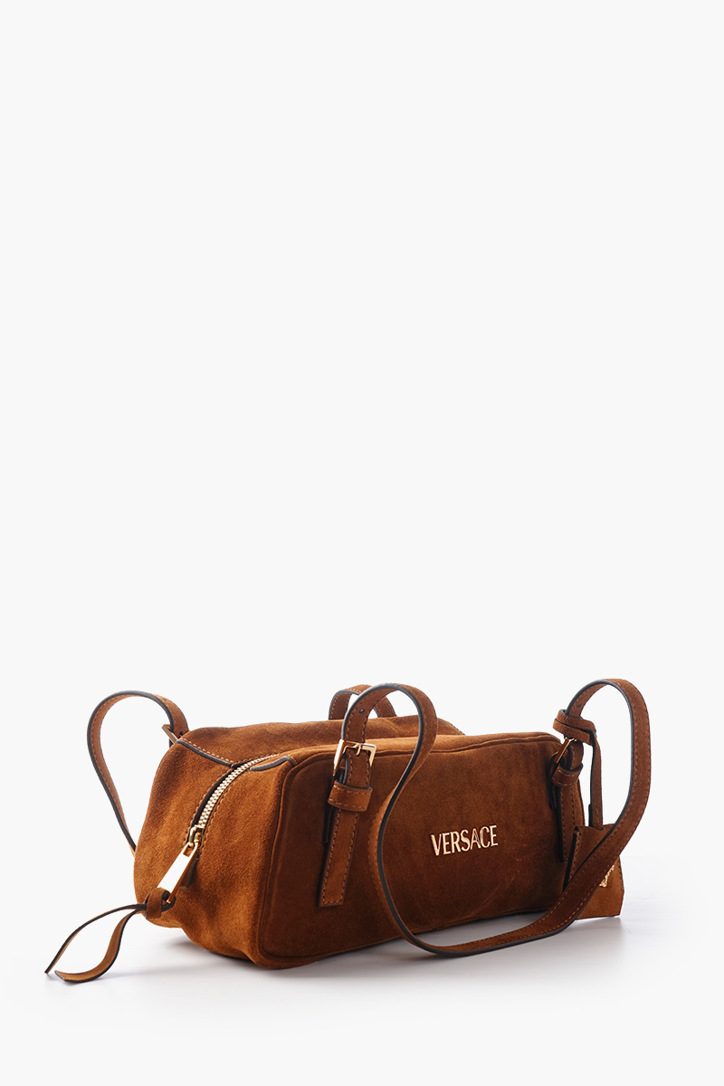 VERSACE Tag Bowling Shoulder Bag in Brown Suede with Metallic Lettering Logo Medusa and Pendant 1