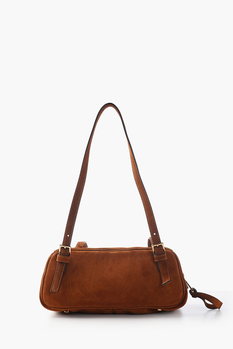 VERSACE Tag Bowling Shoulder Bag in Brown Suede with Metallic Lettering Logo Medusa and Pendant 2