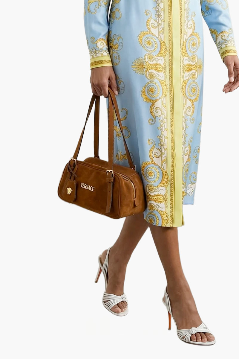 VERSACE Tag Bowling Shoulder Bag in Brown Suede with Metallic Lettering Logo Medusa and Pendant 3