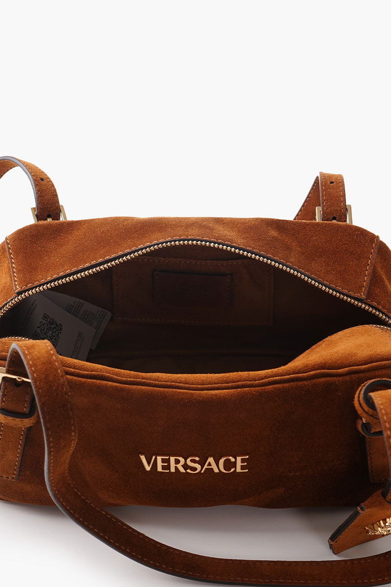 VERSACE Tag Bowling Shoulder Bag in Brown Suede with Metallic Lettering Logo Medusa and Pendant 4
