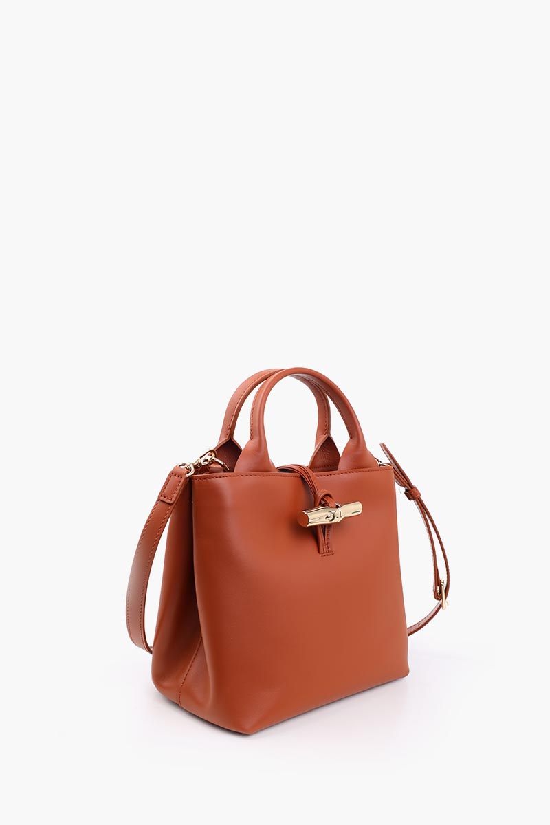 LONGCHAMP Small Le Roseau Top Handle Bag in Bark Smooth Silky Leather with Adjustable Shoulder Strap 2