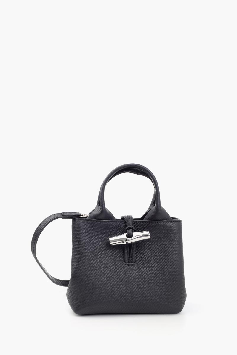 LONGCHAMP XS Le Roseau Top Handle Bag in Black Grained Leather with Adjustable Shoulder Strap 0
