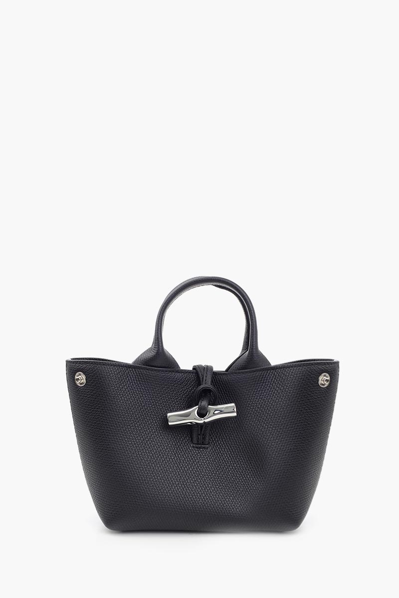 LONGCHAMP XS Le Roseau Top Handle Bag in Black Grained Leather with Adjustable Shoulder Strap 1