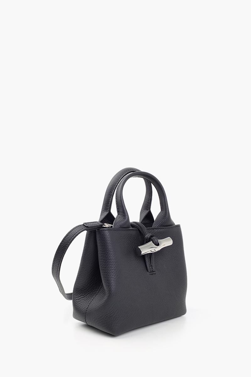 LONGCHAMP XS Le Roseau Top Handle Bag in Black Grained Leather with Adjustable Shoulder Strap 2
