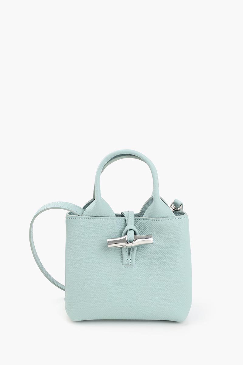 LONGCHAMP XS Le Roseau Top Handle Bag in Celadon Grained Leather with Adjustable Shoulder Strap 0