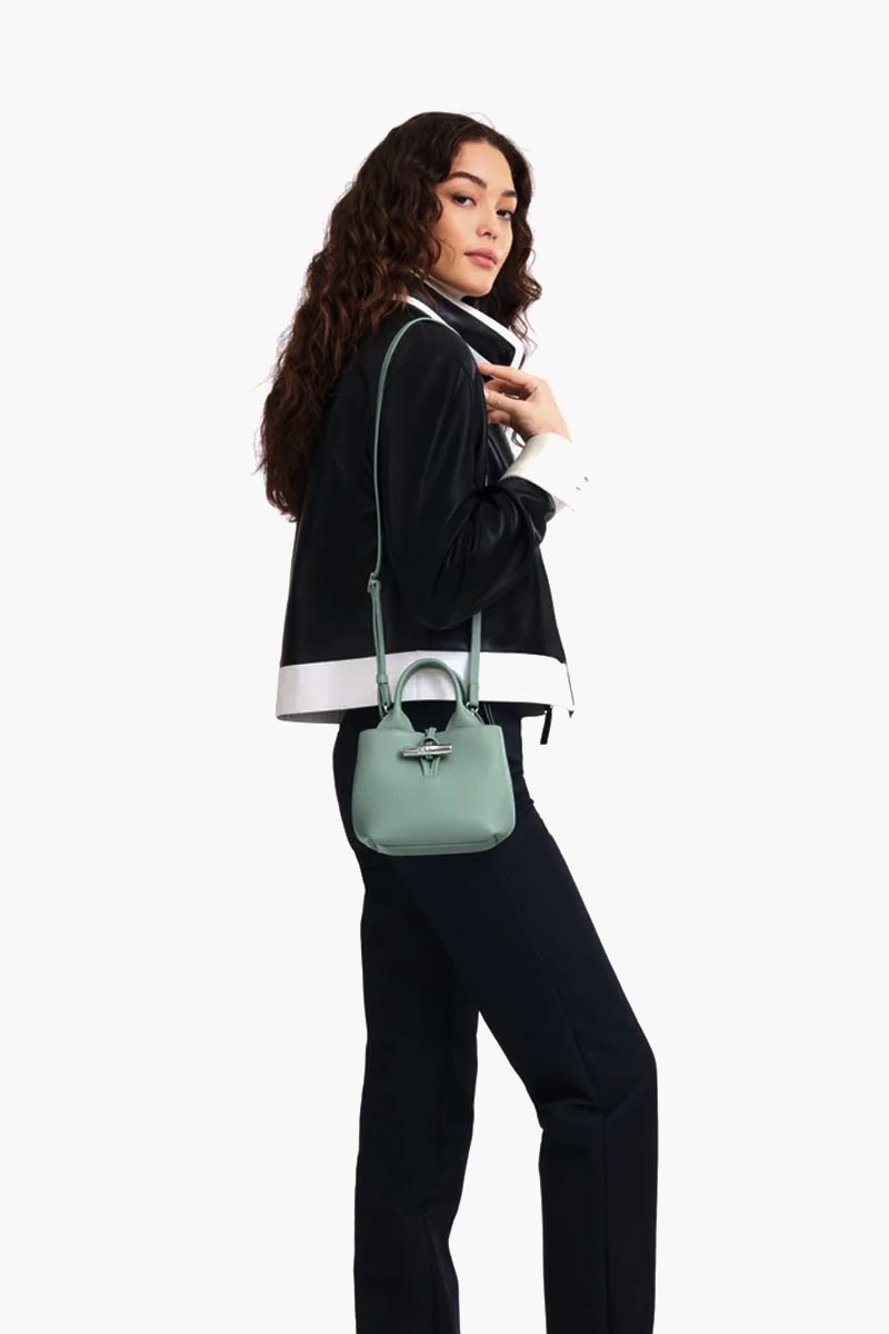 LONGCHAMP XS Le Roseau Top Handle Bag in Celadon Grained Leather with Adjustable Shoulder Strap 4