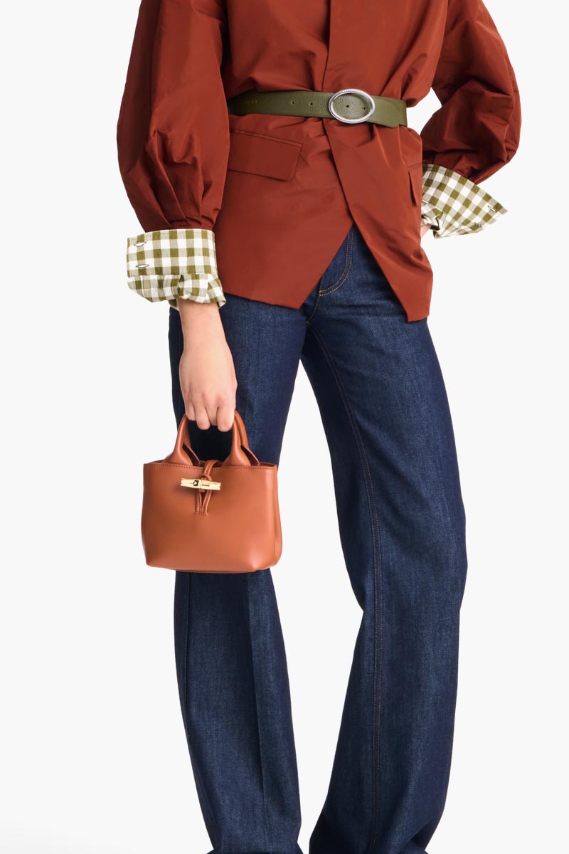 LONGCHAMP XS Le Roseau Top Handle Bag in Bark Smooth Silky Leather with Adjustable Shoulder Strap 4