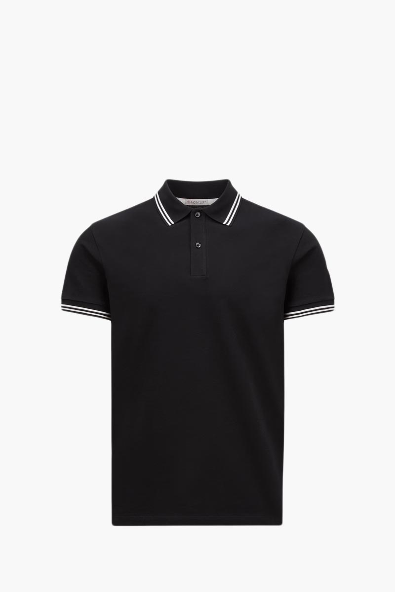 MONCLER Men Striped Trim Logo Polo Shirt in Dark Blue Cotton Piquet 0