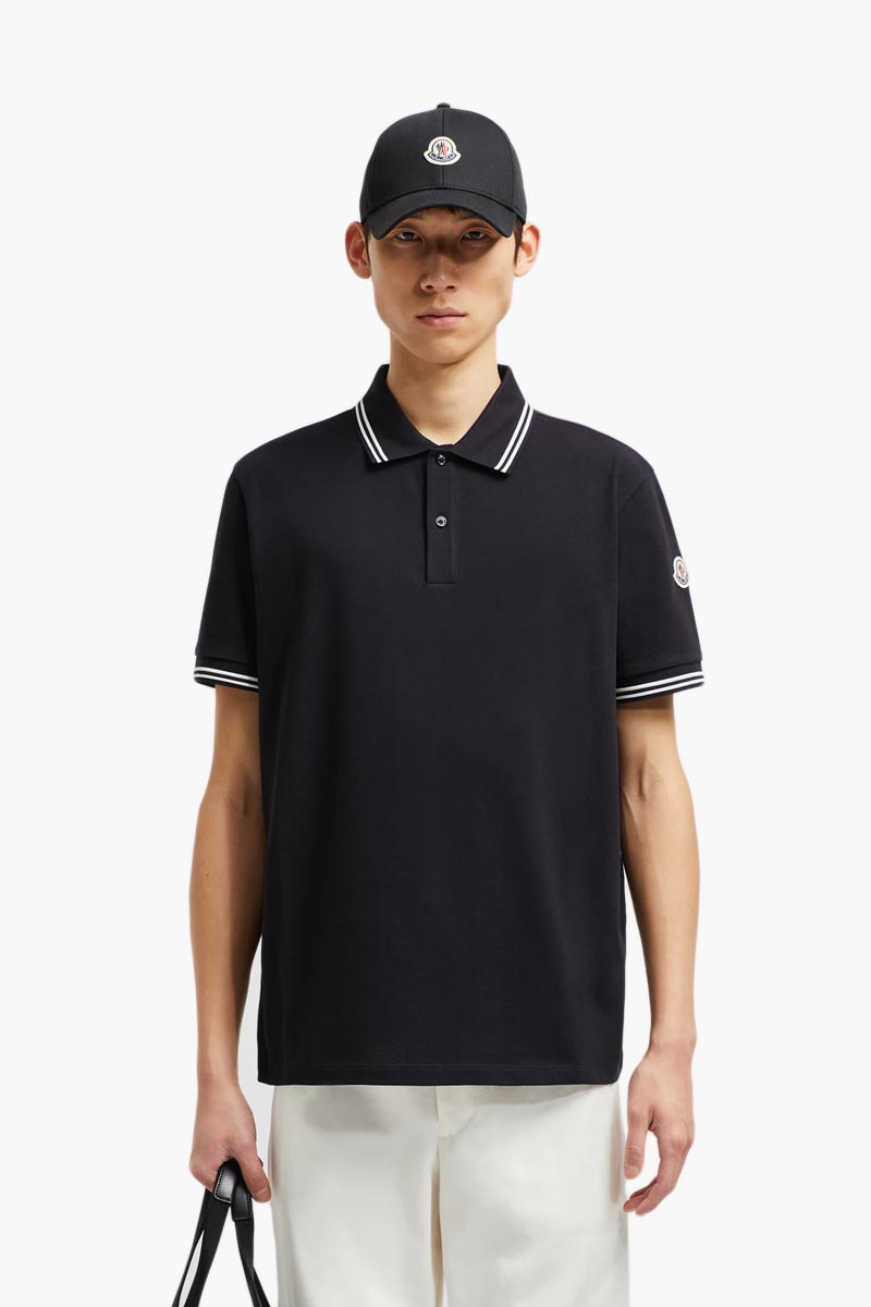 MONCLER Men Striped Trim Logo Polo Shirt in Dark Blue Cotton Piquet 1