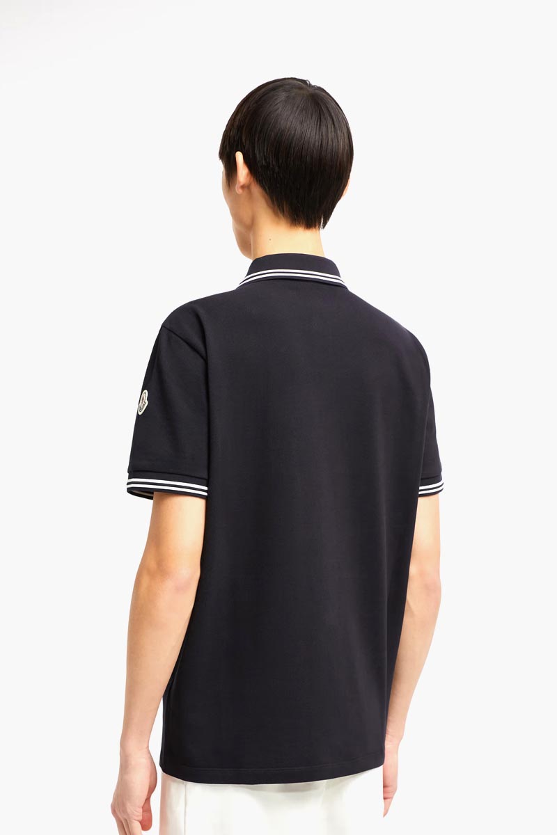 MONCLER Men Striped Trim Logo Polo Shirt in Dark Blue Cotton Piquet 2