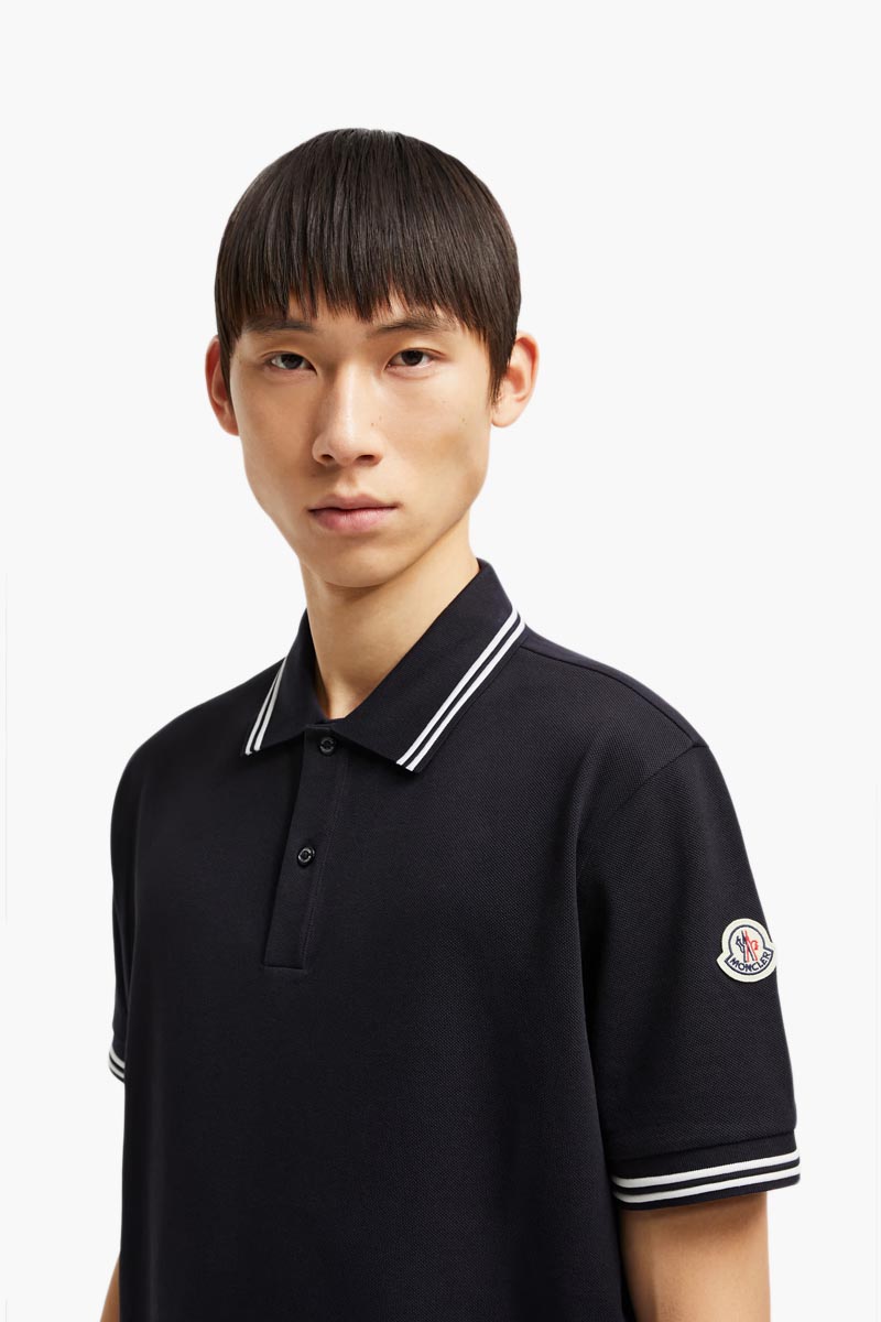 MONCLER Men Striped Trim Logo Polo Shirt in Dark Blue Cotton Piquet 3
