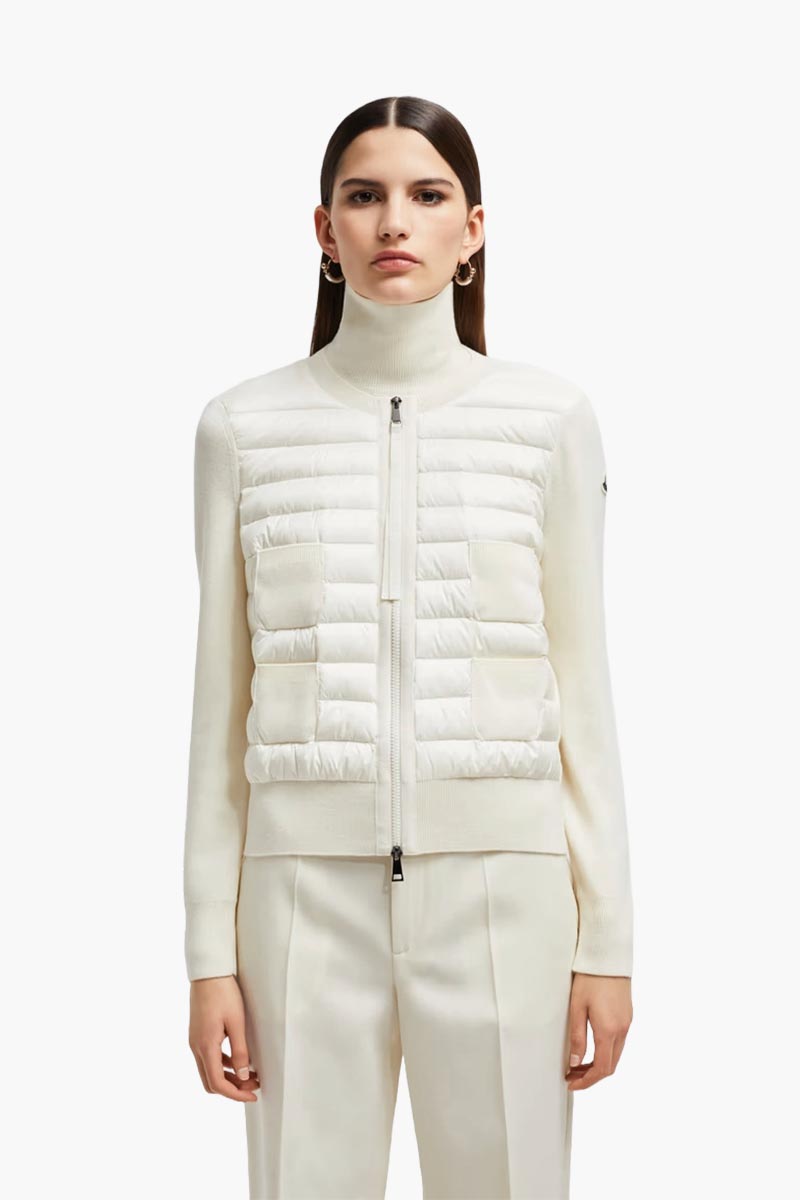 MONCLER Women Padded Zip Up Cardigan in White Merino Wool 1