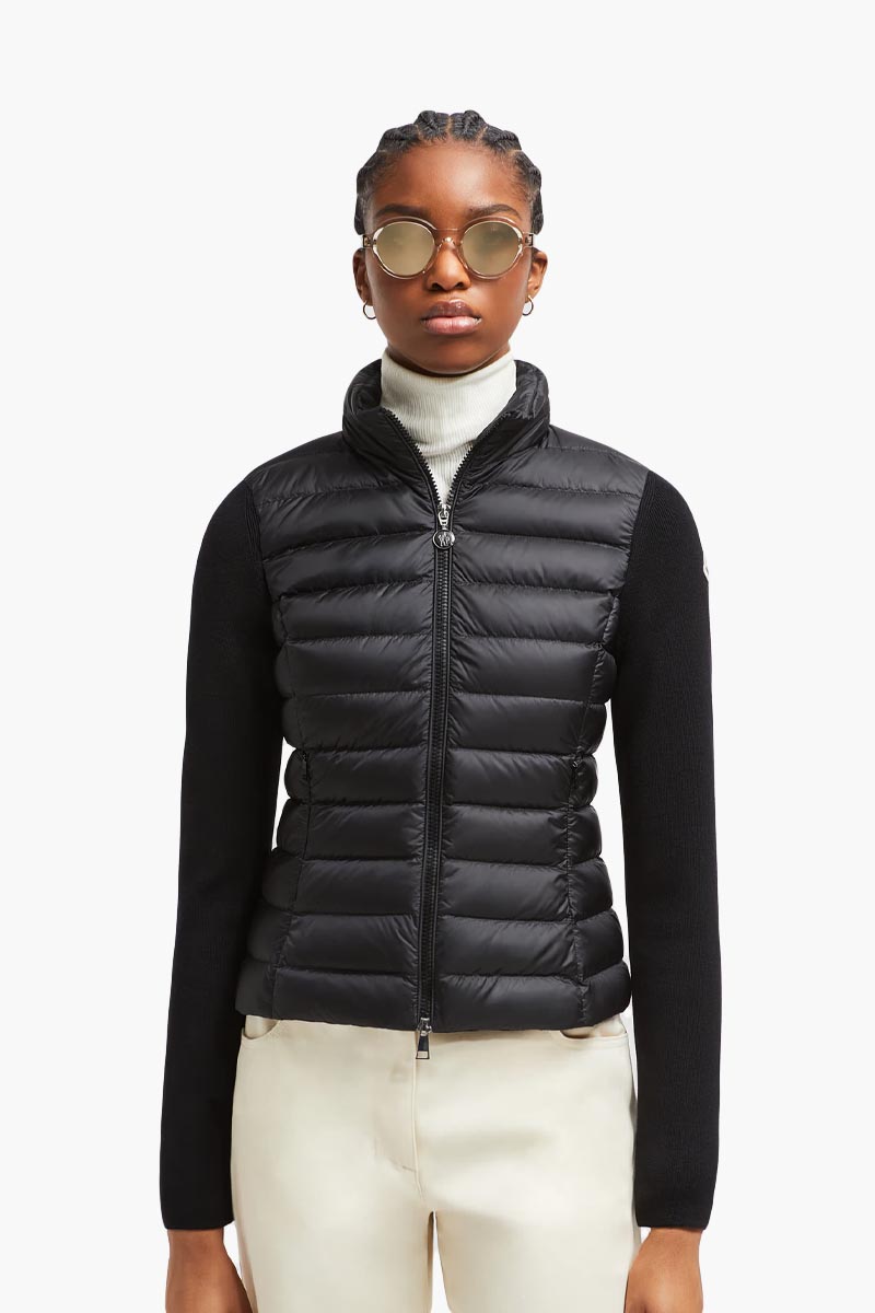 MONCLER Women Padded Zip Up Cardigan in Black Merino Wool 1