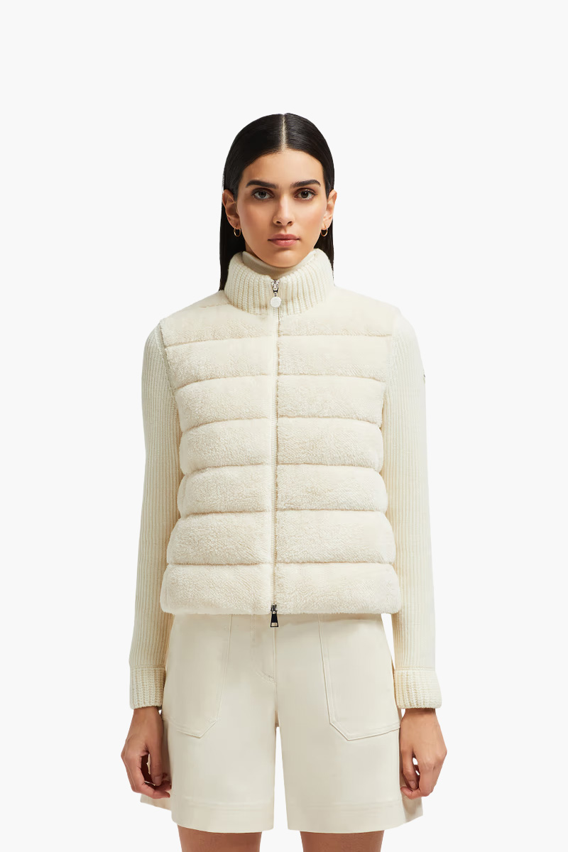 MONCLER Women Padded Wool Teddy Zip-Up Cardigan in White Carded Wool 1