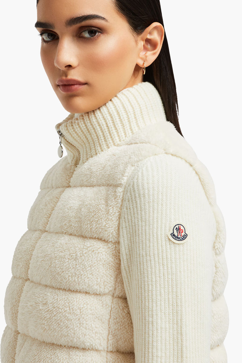 MONCLER Women Padded Wool Teddy Zip-Up Cardigan in White Carded Wool 3