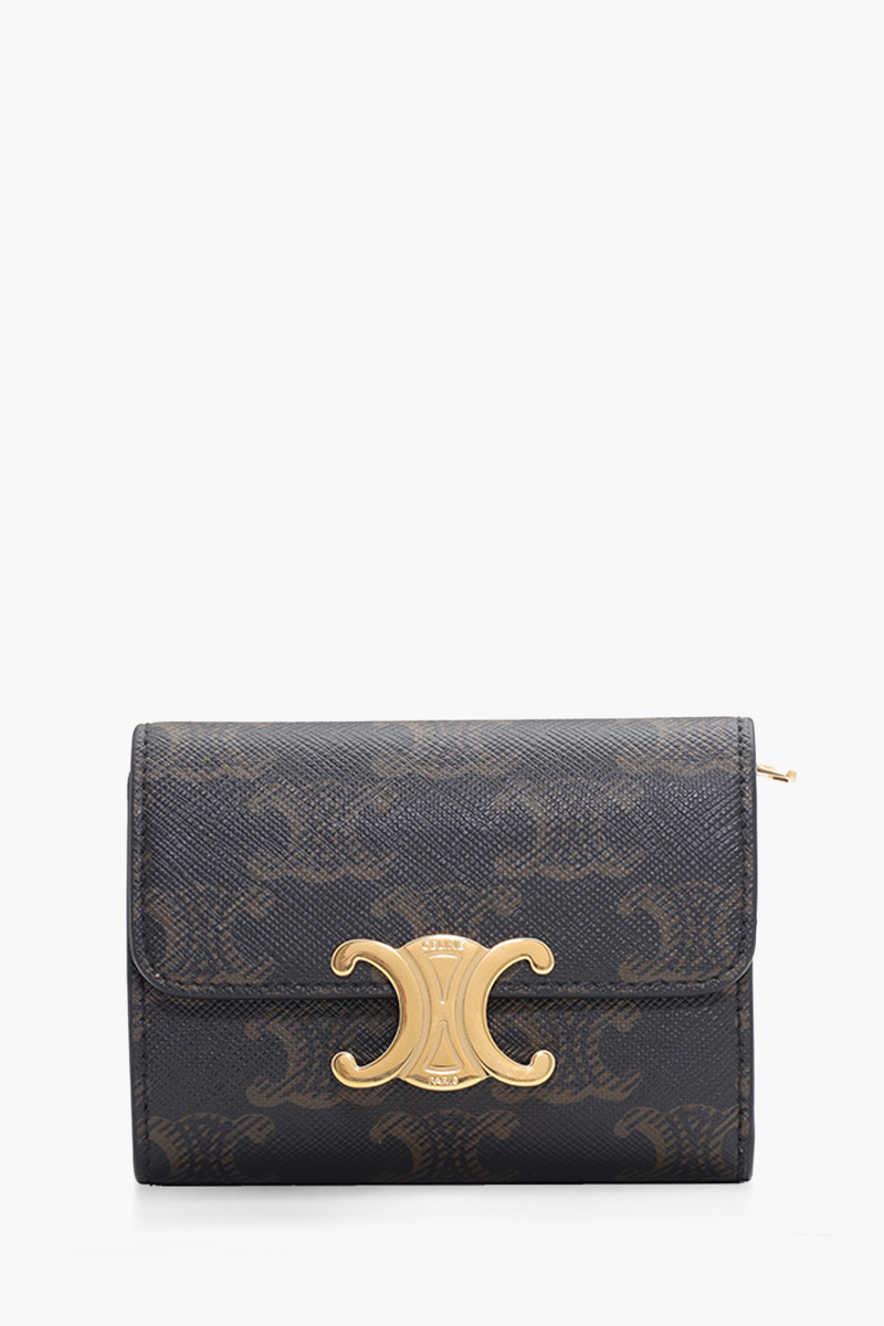 CELINE Triomphe Canvas Compact Wallet in Tan Calfskin GHW with Detachable Zipper Card Holder 0