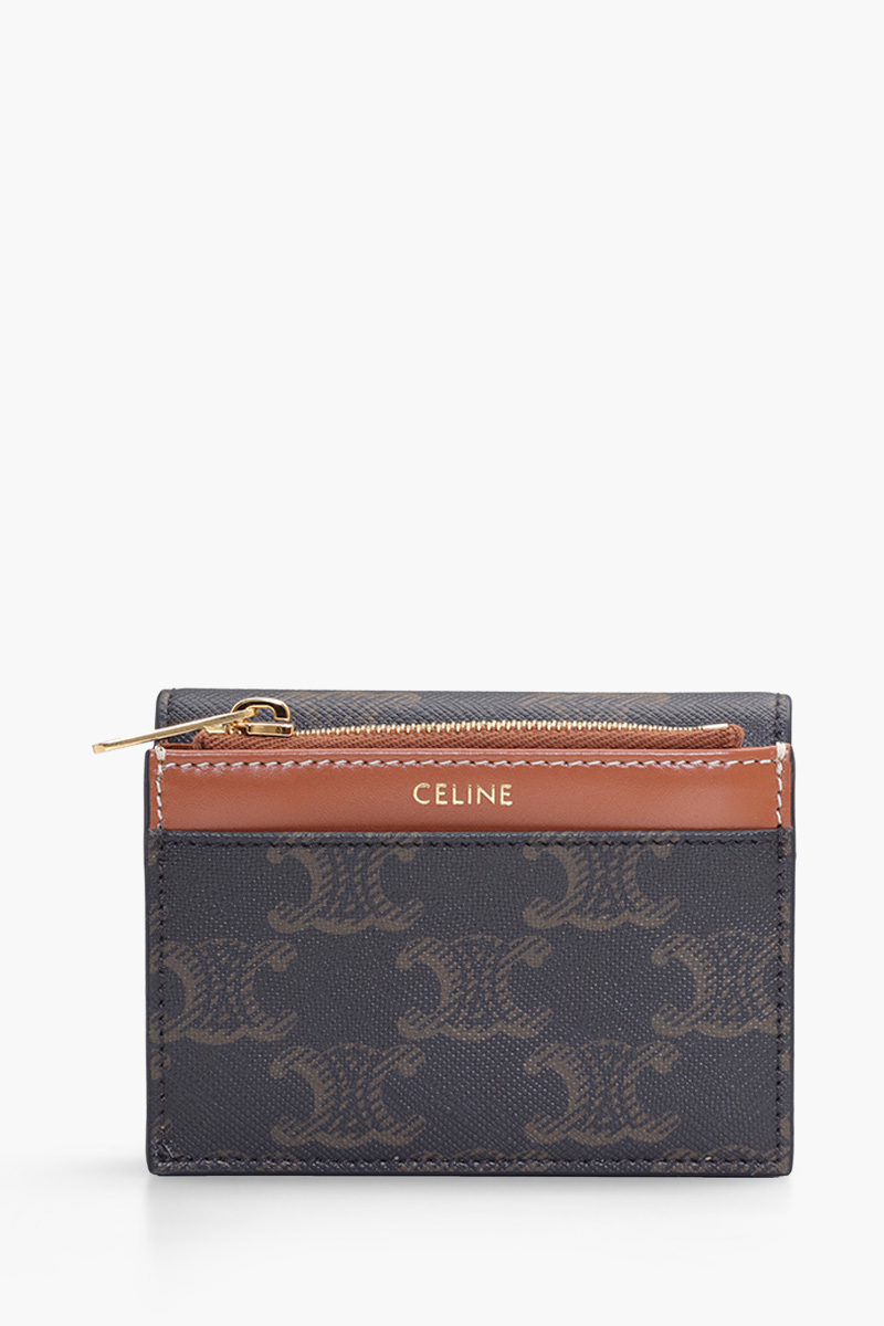 CELINE Triomphe Canvas Compact Wallet in Tan Calfskin GHW with Detachable Zipper Card Holder 1