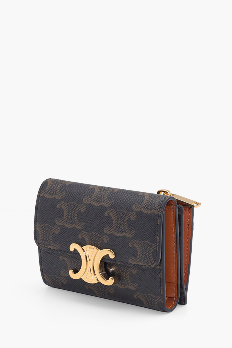 CELINE Triomphe Canvas Compact Wallet in Tan Calfskin GHW with Detachable Zipper Card Holder 2