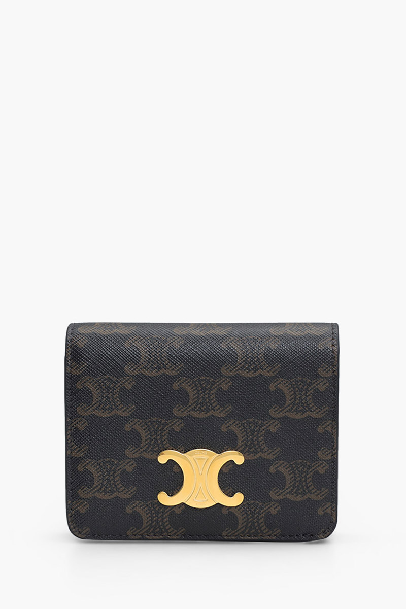 CELINE Triomphe Canvas Compact Wallet in Black/Tan Calfskin
 0