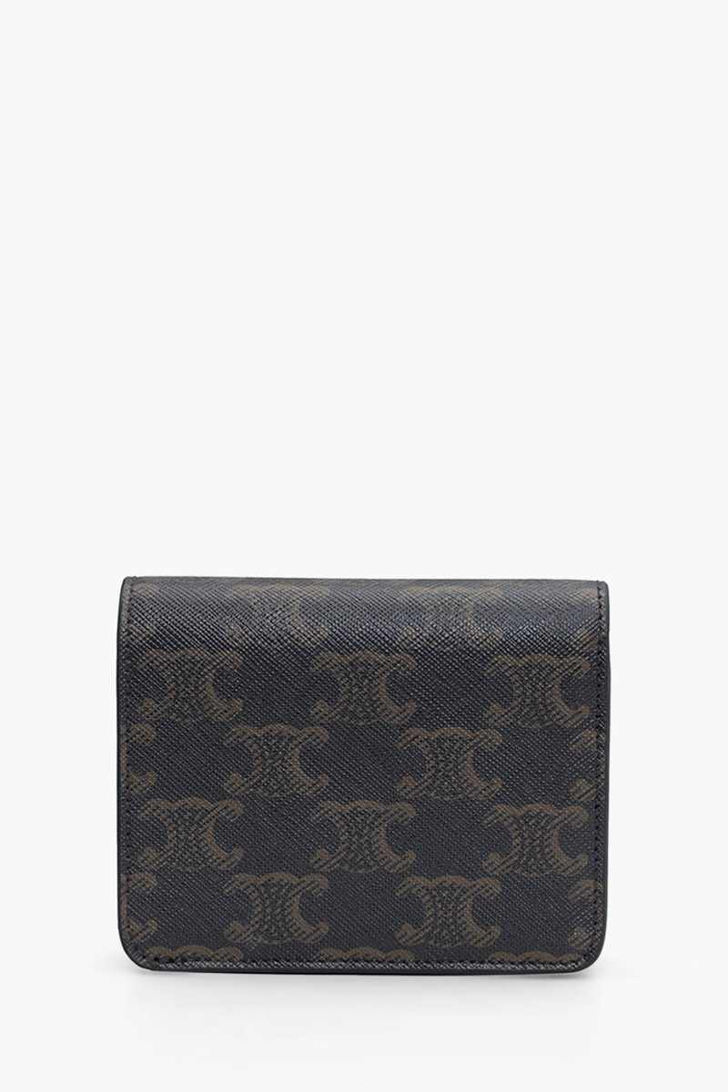 CELINE Triomphe Canvas Compact Wallet in Black/Tan Calfskin
 1