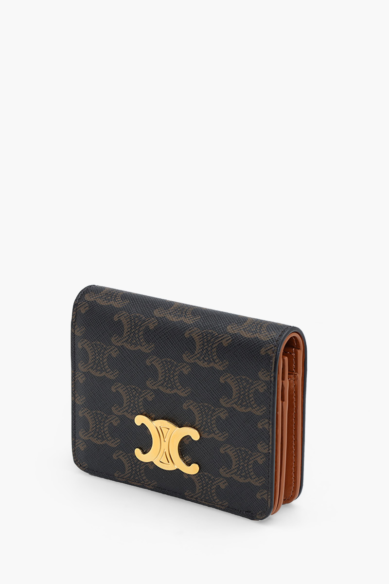 CELINE Triomphe Canvas Compact Wallet in Black/Tan Calfskin
 2