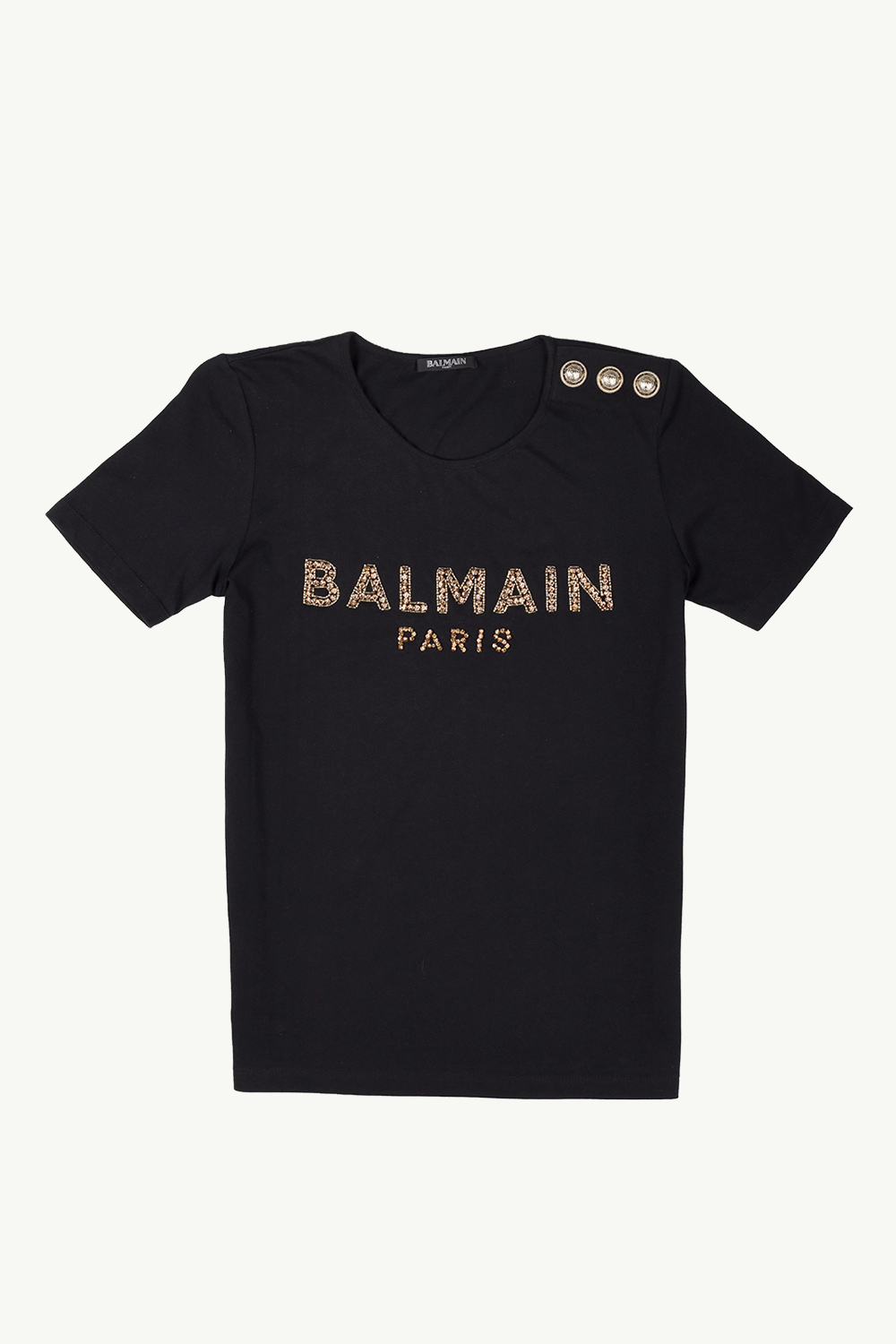 BALMAIN Women 3 Buttons Balmain Paris Rhinestone Logo T-Shirt Black/Gold 0