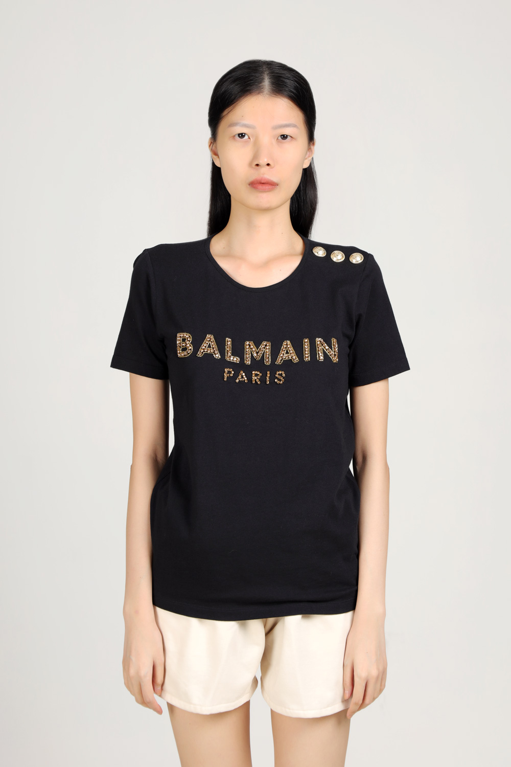 BALMAIN Women 3 Buttons Balmain Paris Rhinestone Logo T-Shirt Black/Gold 1