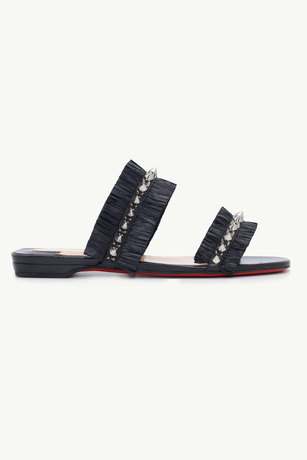 CHRISTIAN LOUBOUTIN Marivodou Raffia Flat Sandals in Black with Silver Spikes 0