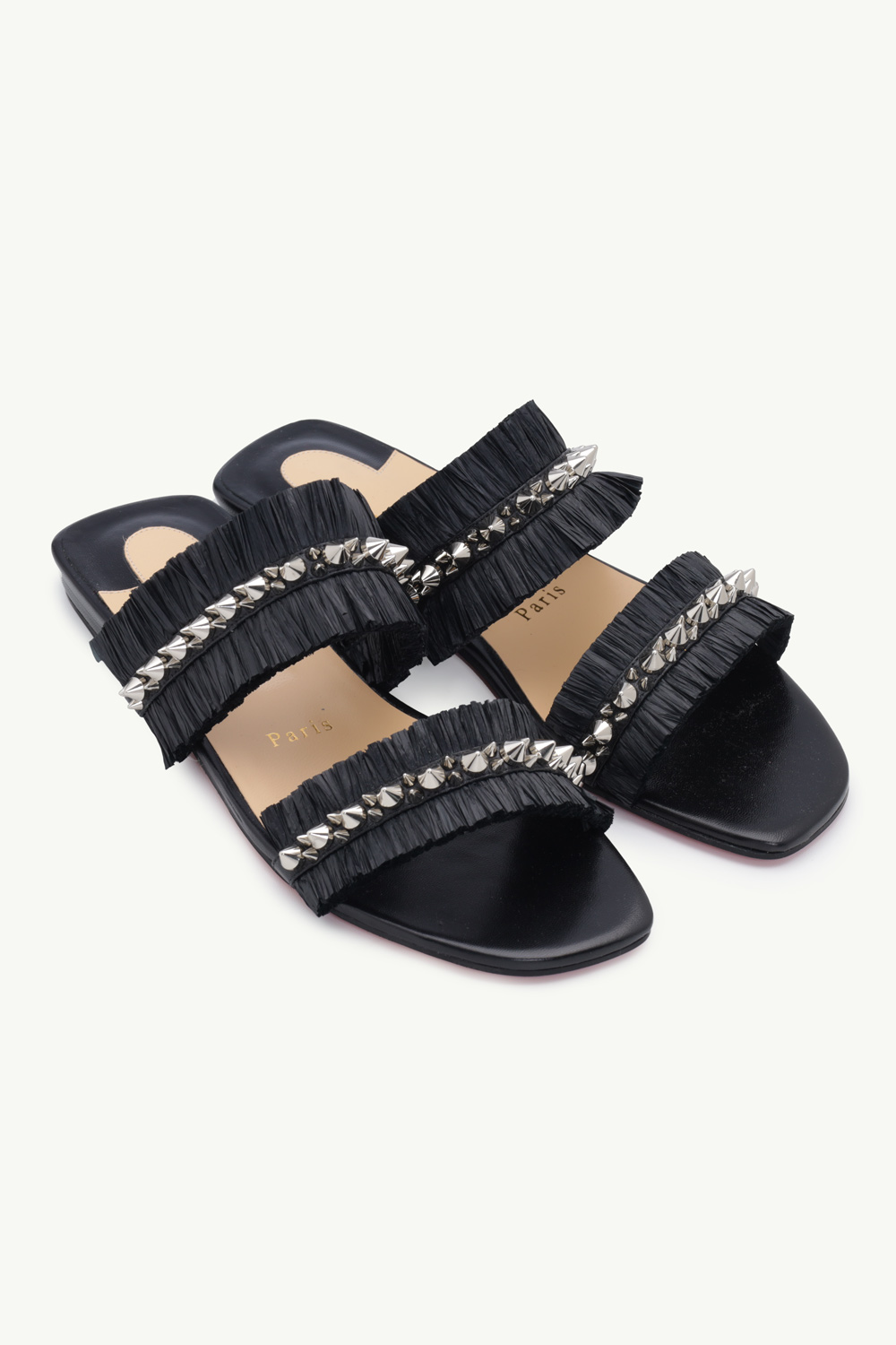 CHRISTIAN LOUBOUTIN Marivodou Raffia Flat Sandals in Black with Silver Spikes 1