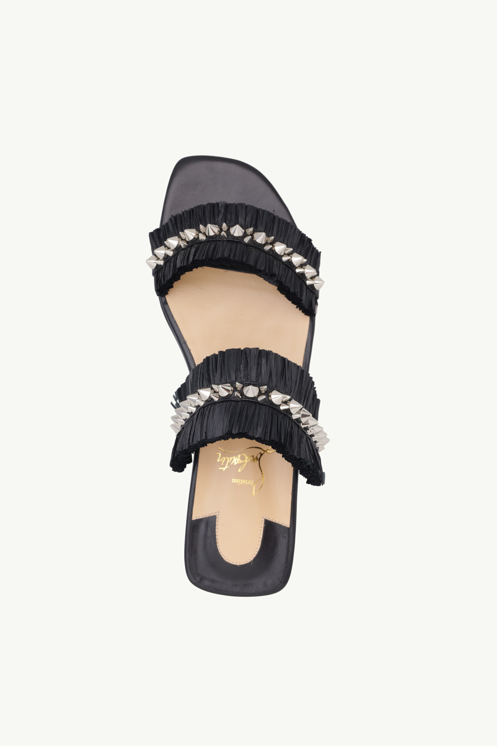 CHRISTIAN LOUBOUTIN Marivodou Raffia Flat Sandals in Black with Silver Spikes 3