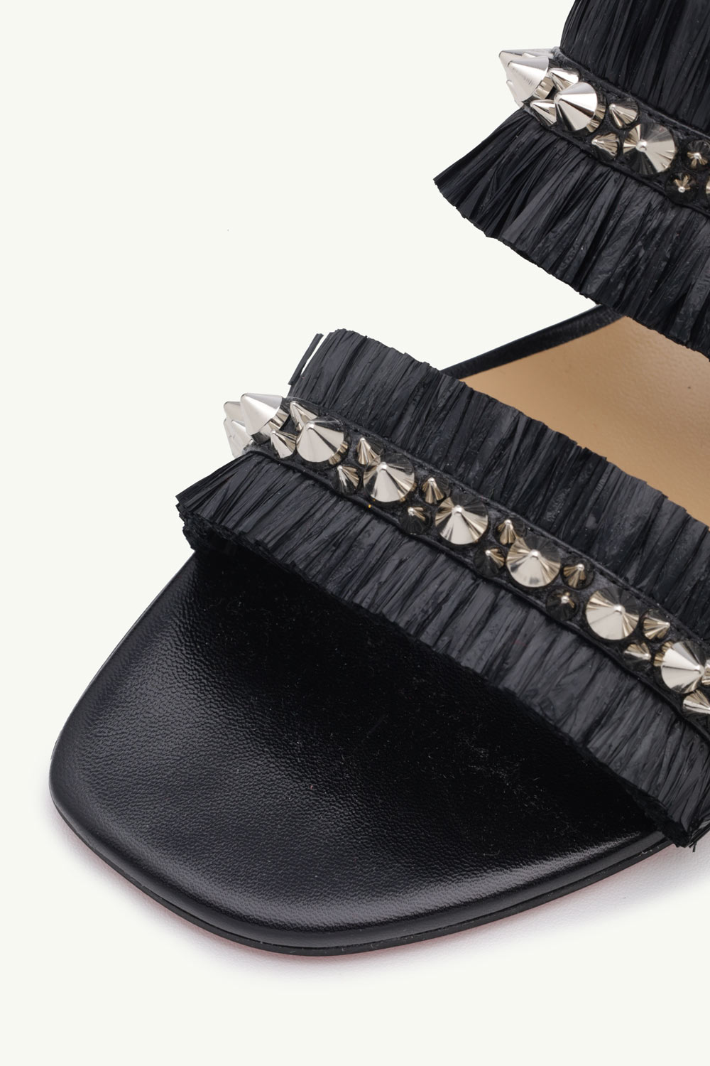 CHRISTIAN LOUBOUTIN Marivodou Raffia Flat Sandals in Black with Silver Spikes 4