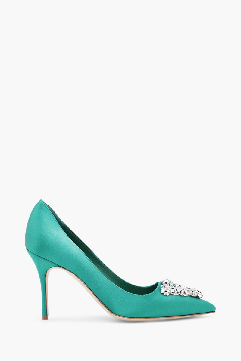 MANOLO BLAHNIK Trina Triangular Embellished Pumps 9cm in Bright Green Satin with White Crystal 0