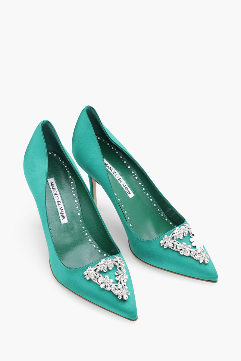 MANOLO BLAHNIK Trina Triangular Embellished Pumps 9cm in Bright Green Satin with White Crystal 1