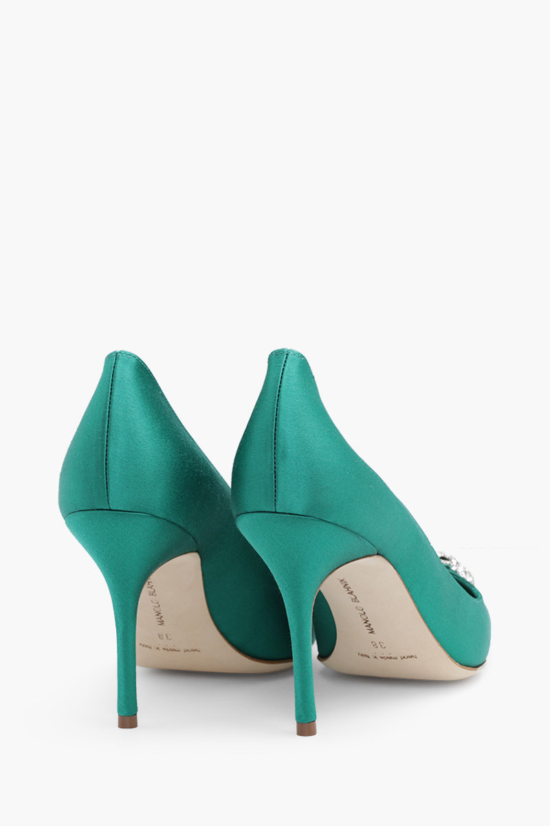 MANOLO BLAHNIK Trina Triangular Embellished Pumps 9cm in Bright Green Satin with White Crystal 2