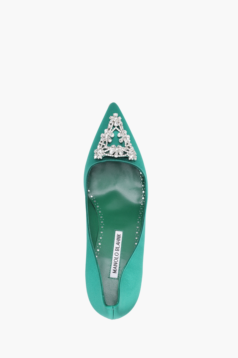 MANOLO BLAHNIK Trina Triangular Embellished Pumps 9cm in Bright Green Satin with White Crystal 3