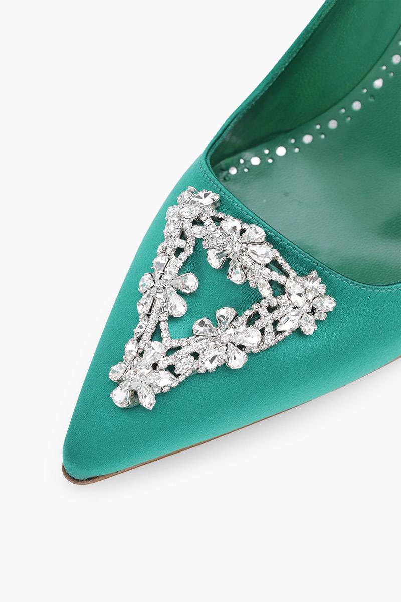 MANOLO BLAHNIK Trina Triangular Embellished Pumps 9cm in Bright Green Satin with White Crystal 4